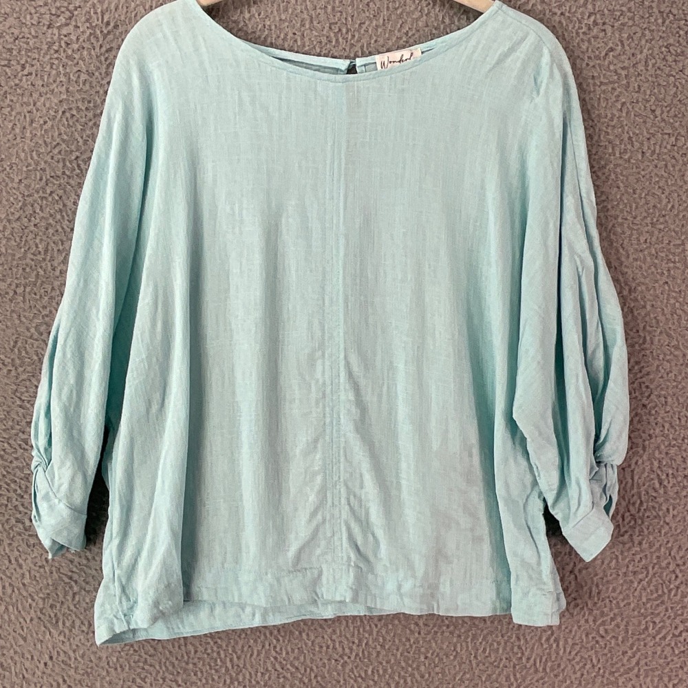 Wonderly Linen Blend  Blouse Womens M Aqua Blue Good Dolman Sleeve Knot Cuff Top